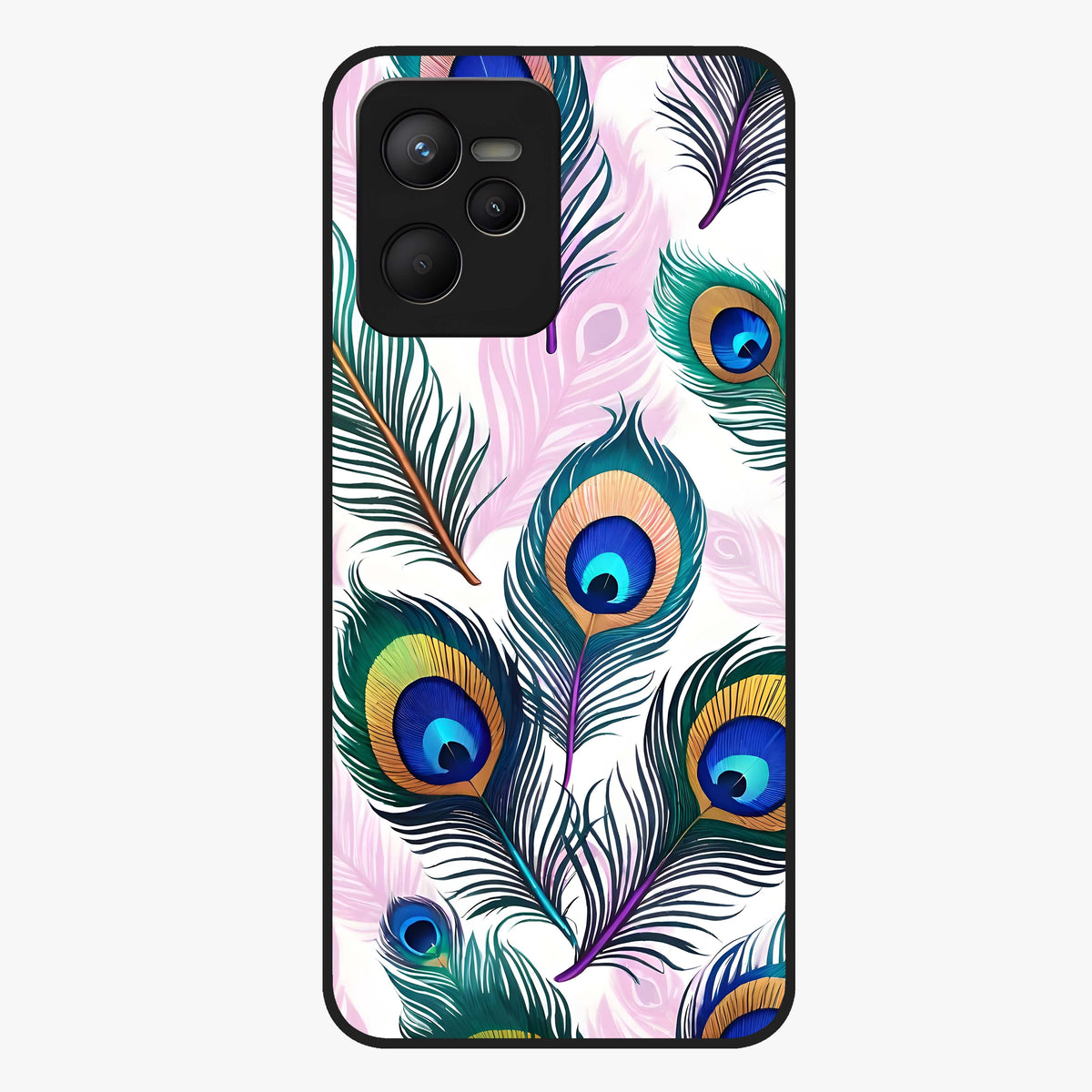 Royal Peacock Feathers Glass Case showing flat back view with colorful peacock feather artwork and glossy glass finish.