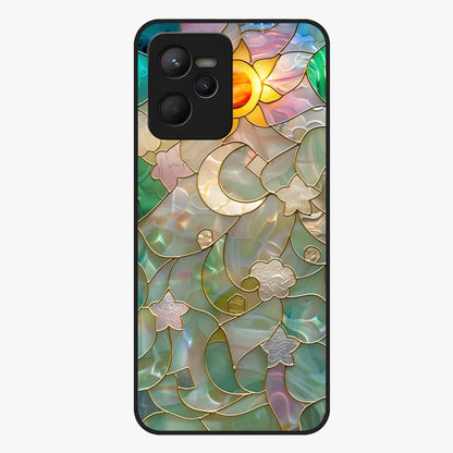 Stained Sunrise Glow Glass Case showing flat back view with glowing sunrise stained pattern artwork and glossy glass finish.