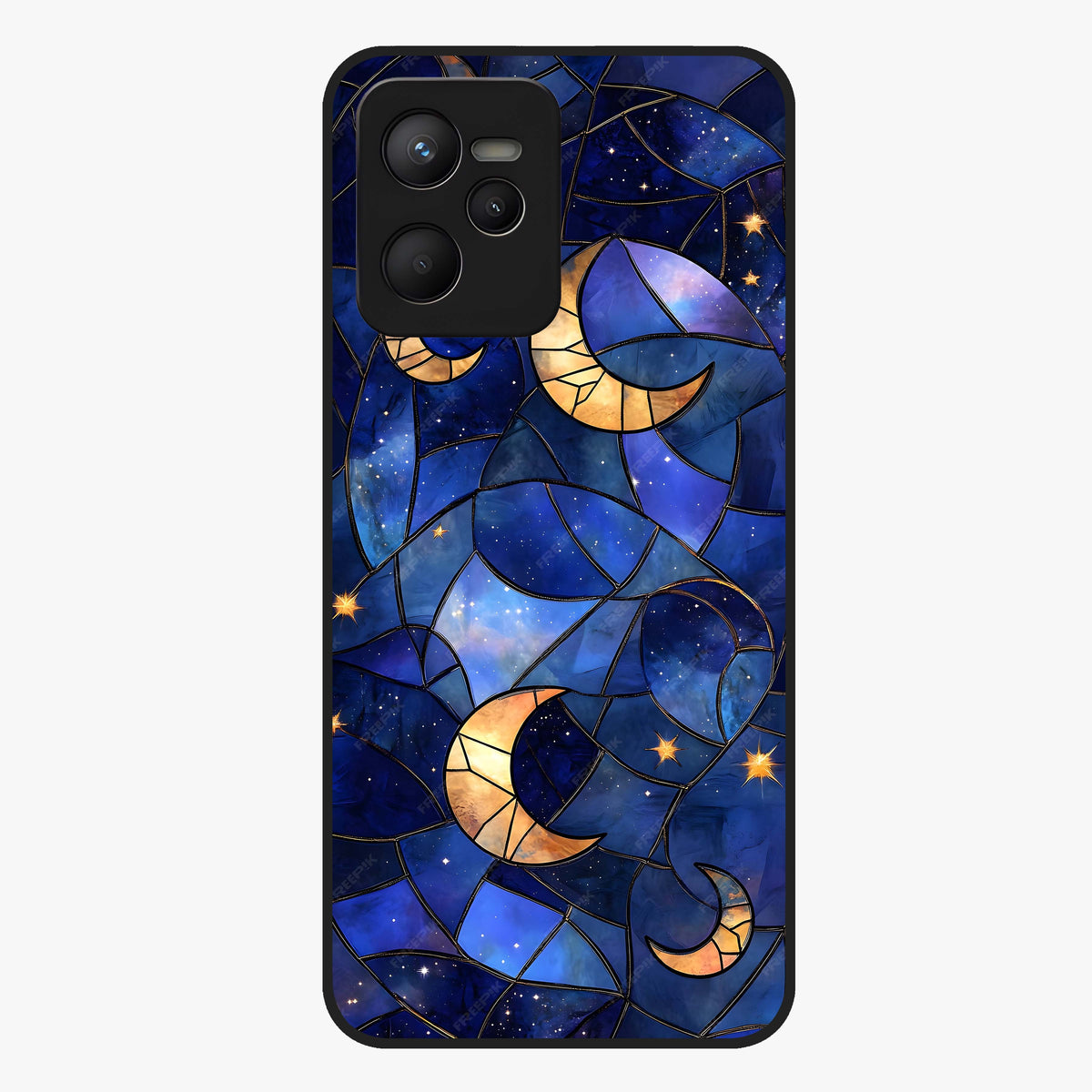 Starlit Sky Tapestry Glass Case showing flat back view with decorative starry sky tapestry artwork and glossy glass finish.
