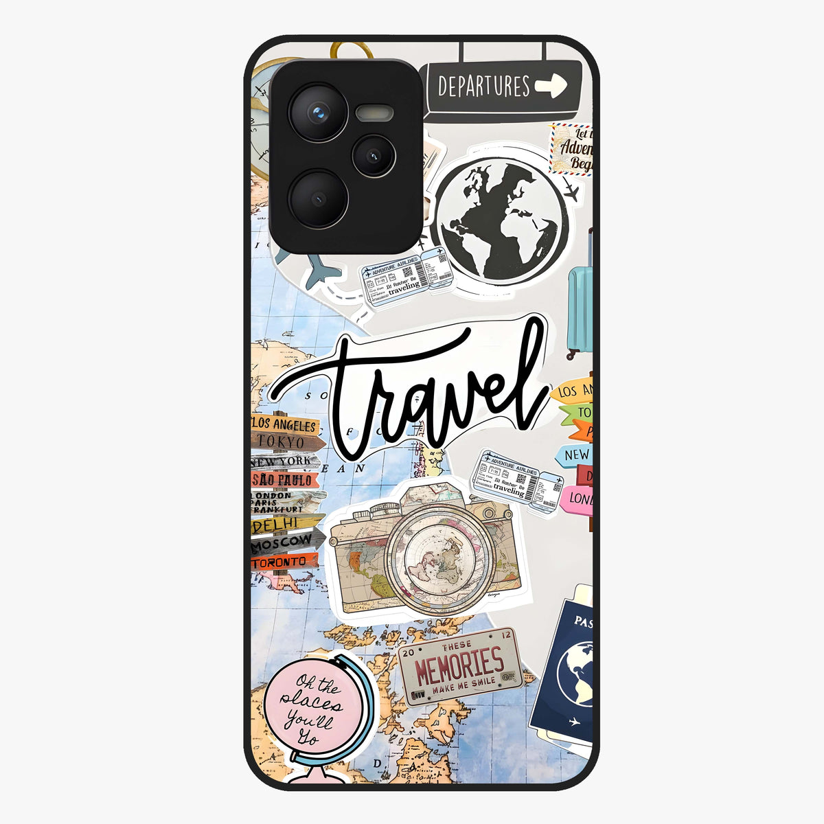 Wanderlust Journal Glass Case showing flat back view with travel inspired artwork and glossy glass finish.