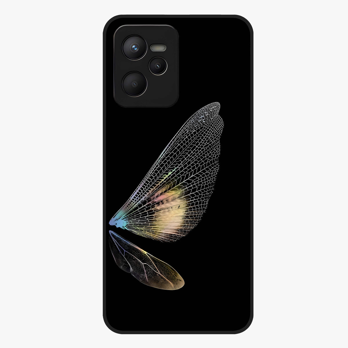 Whispers Of Wings Glass Case showing flat back view with graceful wing inspired artwork and glossy glass finish.