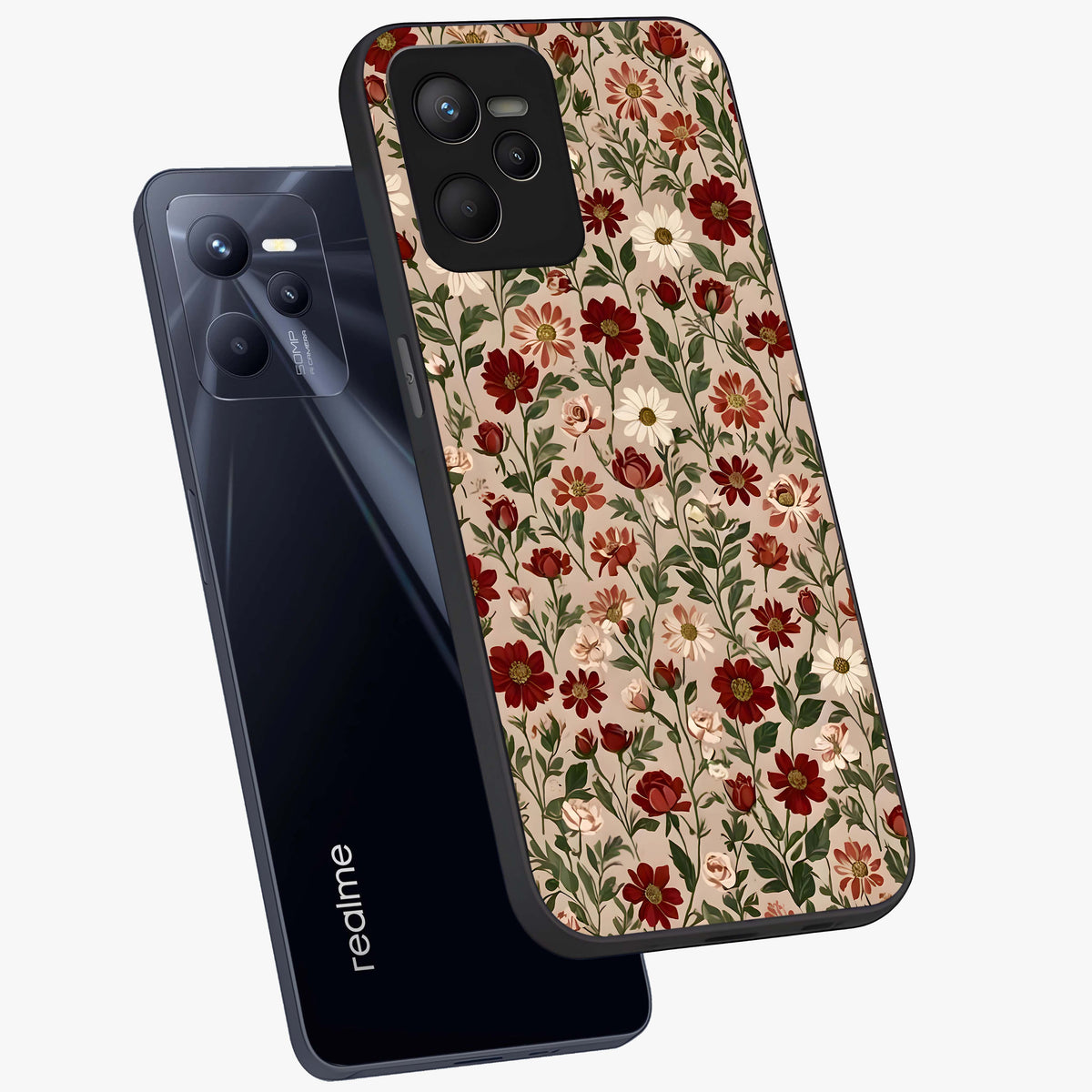 Biege Flower With Leaf Glass Case displayed in angled mockup highlighting minimal floral leaf design and elegant aesthetic.