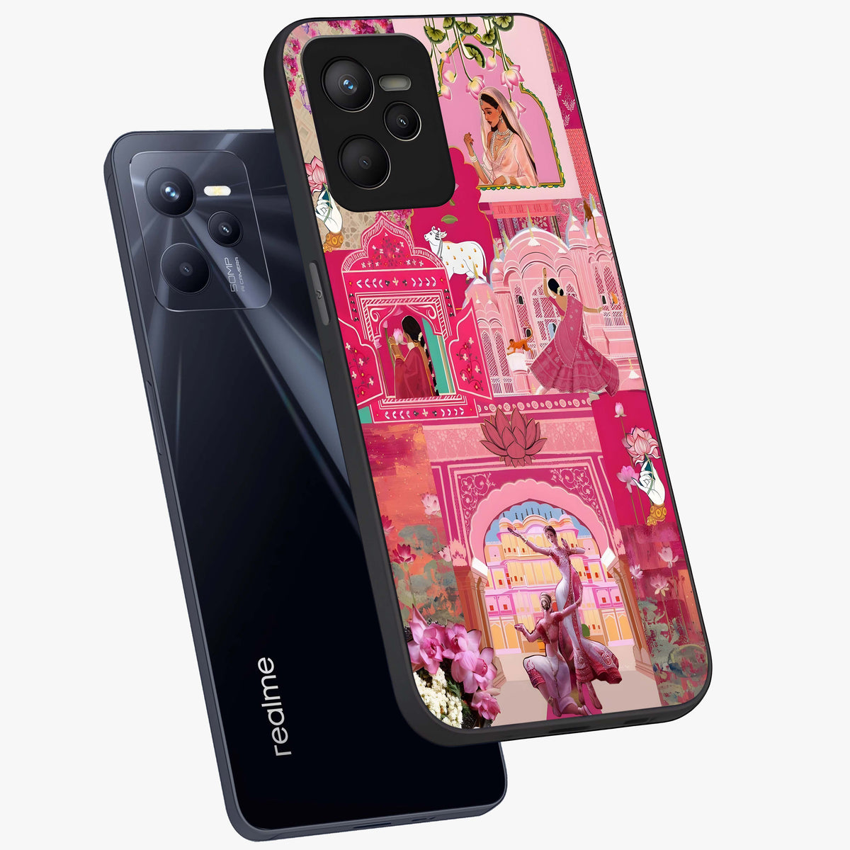 Blossoms of Rajasthan Glass Case displayed in angled mockup highlighting vibrant floral pattern with cultural aesthetic style.