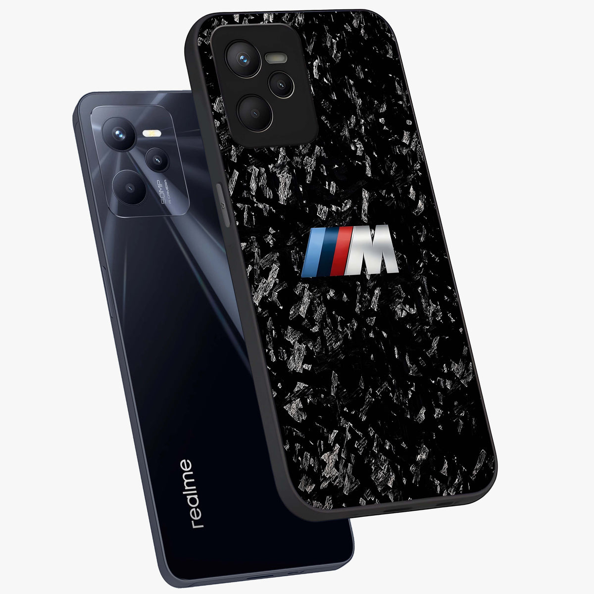 Carbon Speed Mark Glass Case displayed in angled mockup highlighting racing inspired carbon design and sleek aesthetic style.