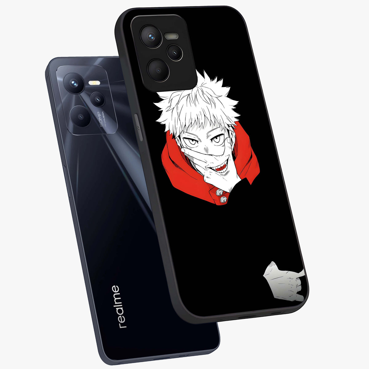 Crimson Chaos Smile Glass Case displayed in angled mockup highlighting edgy crimson smile design with graphic aesthetic.