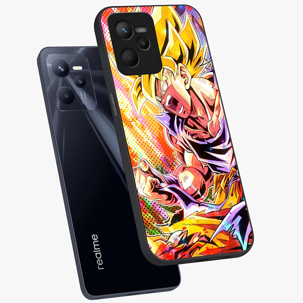 Firing Goku Glass Case displayed in angled mockup highlighting dynamic anime character design with action aesthetic.