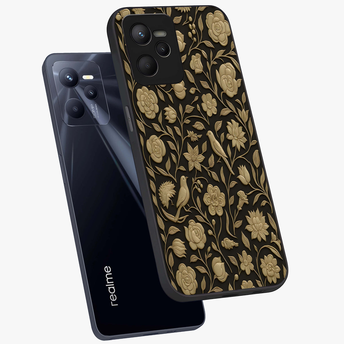Golden Evil Eye Mandala Glass Case displayed in angled mockup highlighting protective evil eye symbol with golden mandala design.