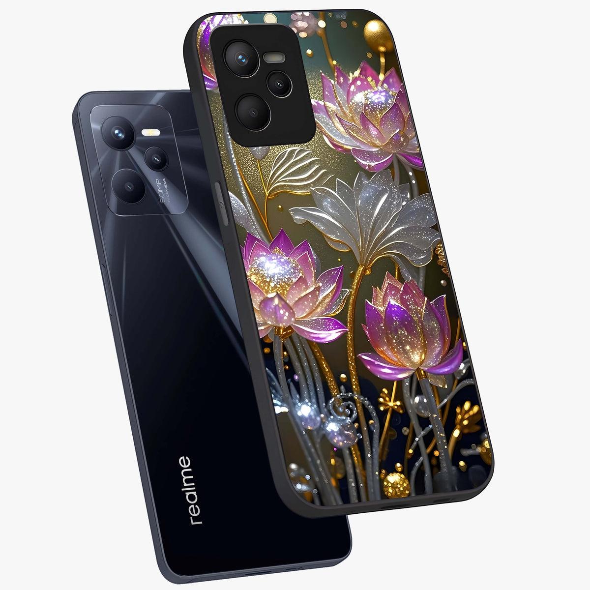 Golden Floral Majesty Glass Case displayed in angled mockup highlighting elegant flower design with royal golden aesthetic.