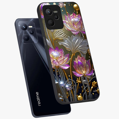 Golden Floral Majesty Glass Case displayed in angled mockup highlighting elegant flower design with royal golden aesthetic.