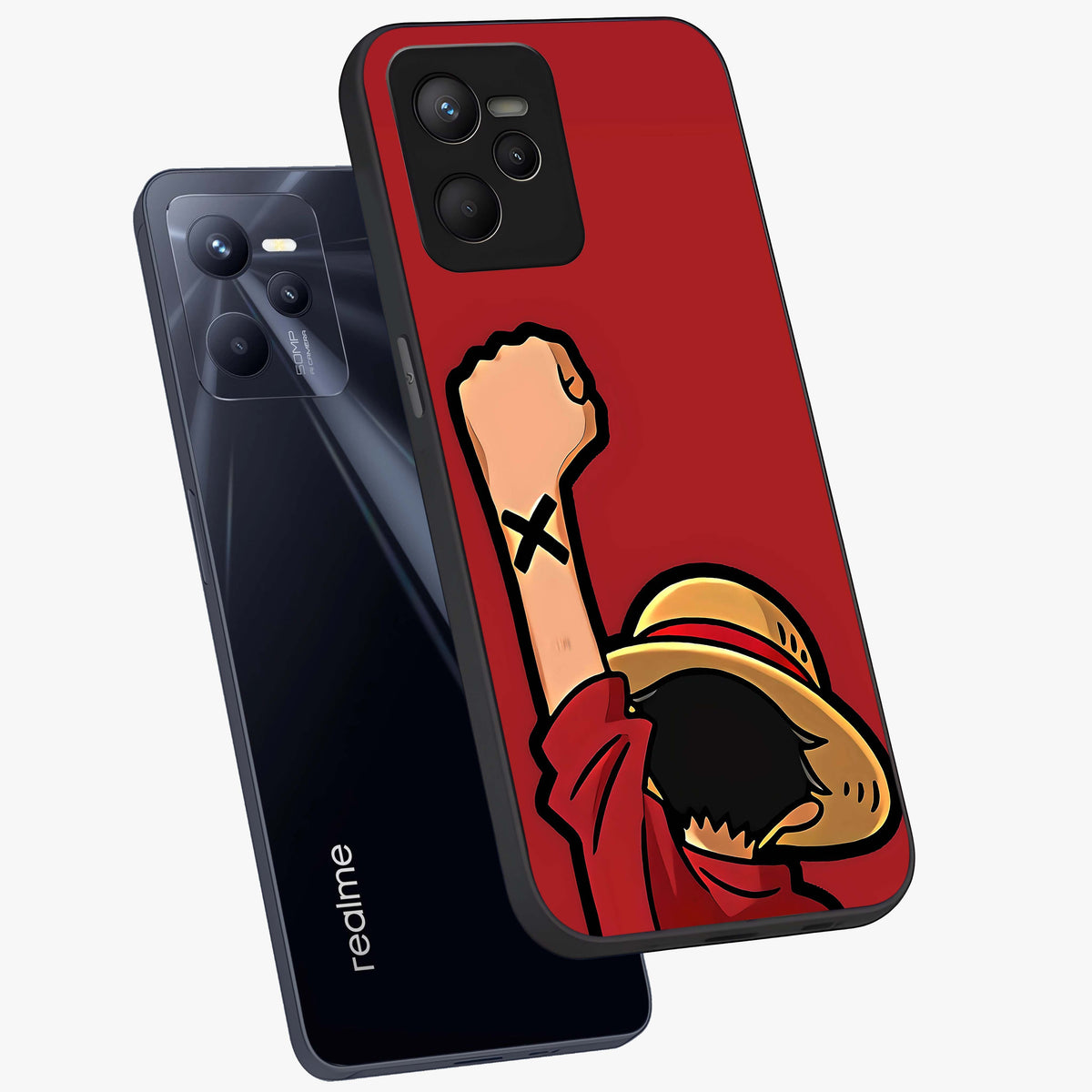 Luffy X Spirit Glass Case displayed in angled mockup highlighting powerful anime design with energetic action aesthetic.