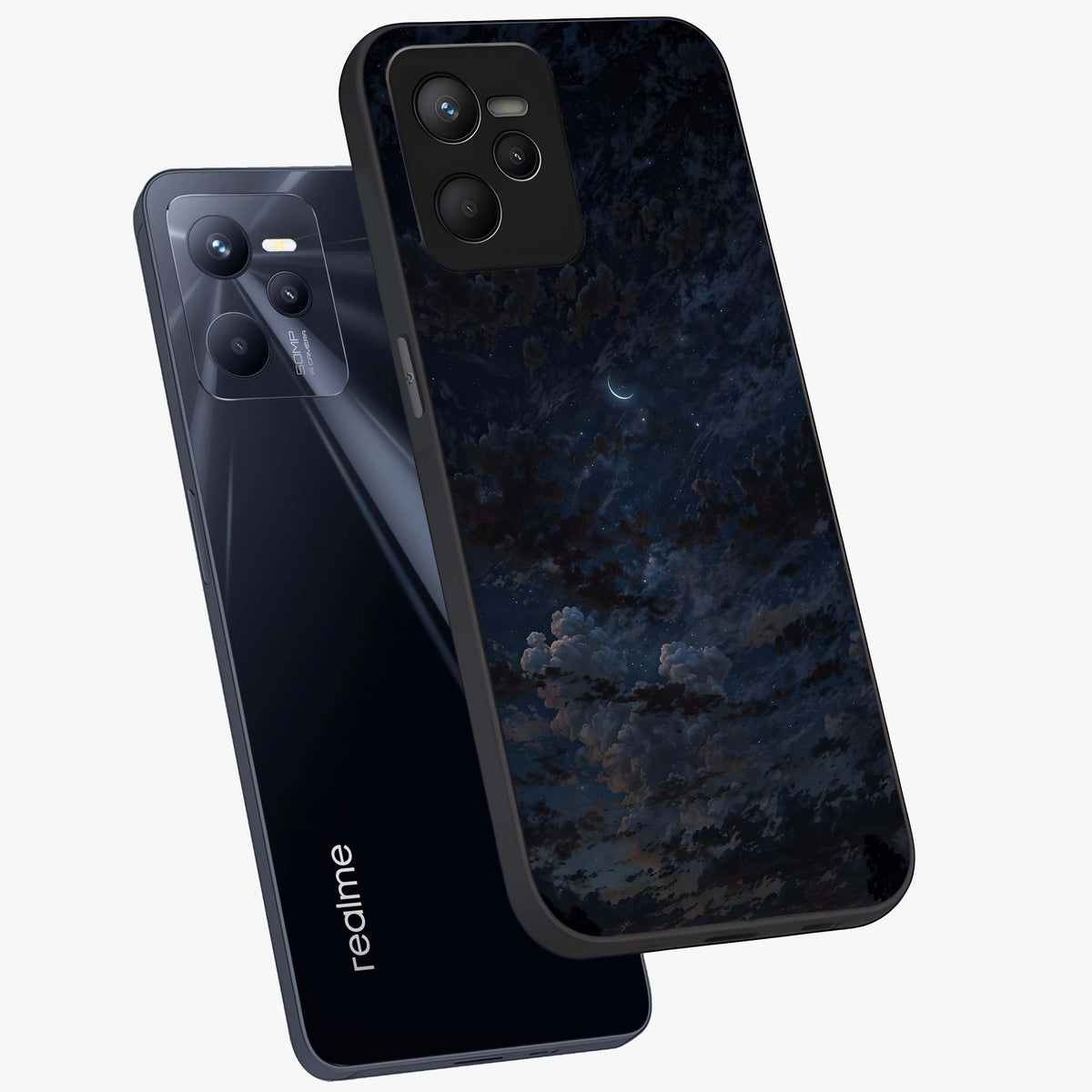 Lunar Veil Silence Glass Case displayed in angled mockup highlighting soft lunar design with peaceful celestial aesthetic.
