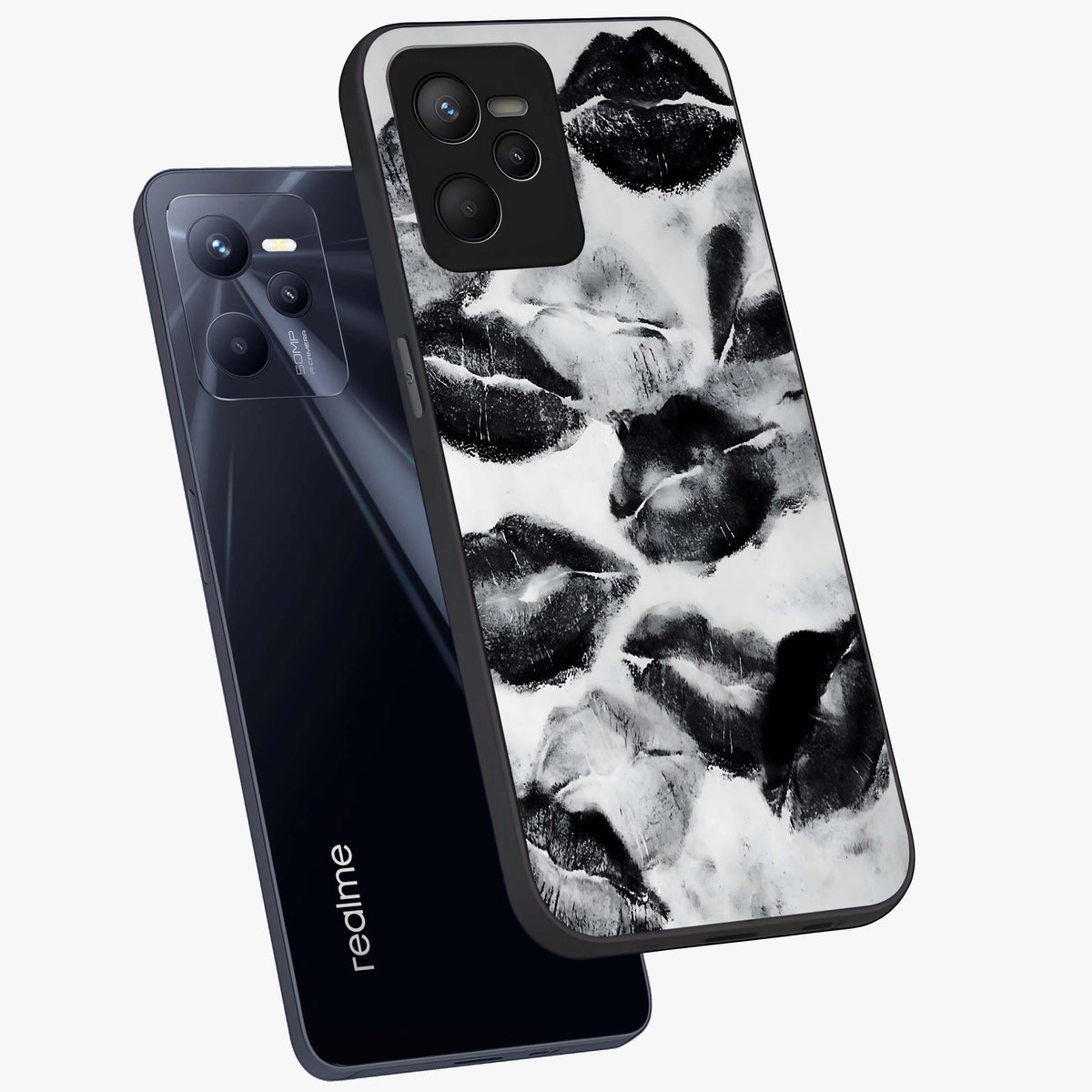 Midnight Kiss Marks Glass Case displayed in angled mockup highlighting playful romantic design with bold midnight aesthetic.