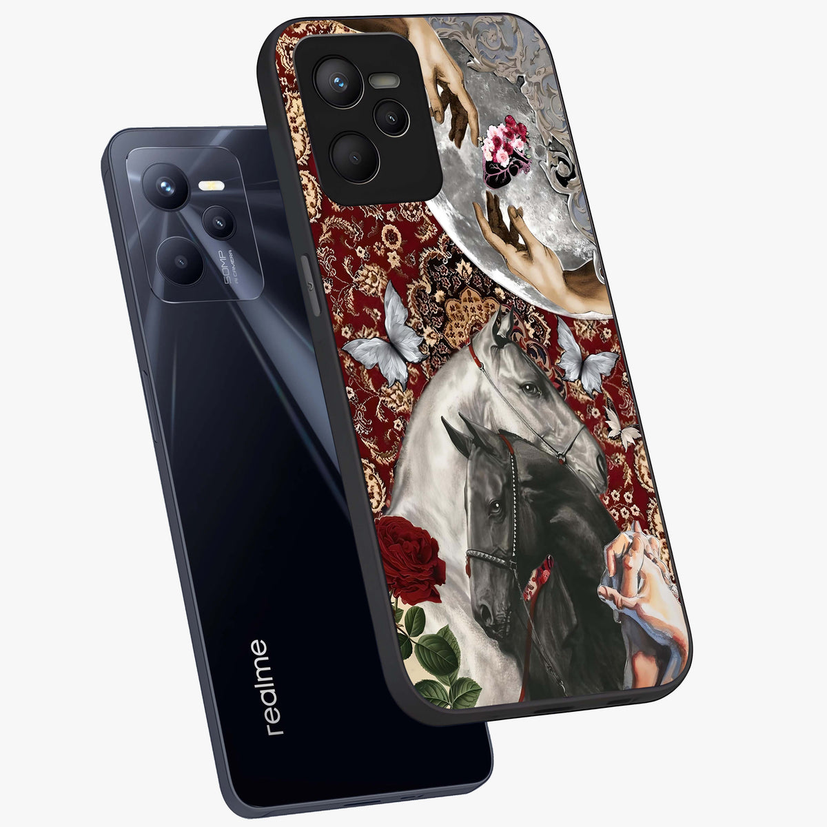 Moonlit Royal Stallion Glass Case displayed in angled mockup highlighting powerful stallion illustration with royal night aesthetic.