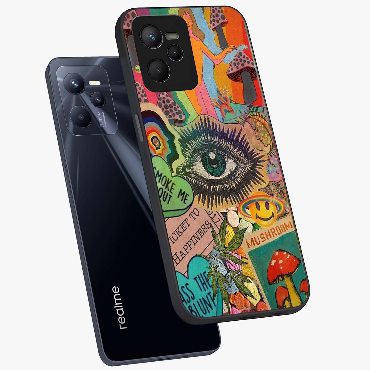 Mystic Eye Wonderland Glass Case displayed in angled mockup highlighting magical eye illustration with dreamy aesthetic.