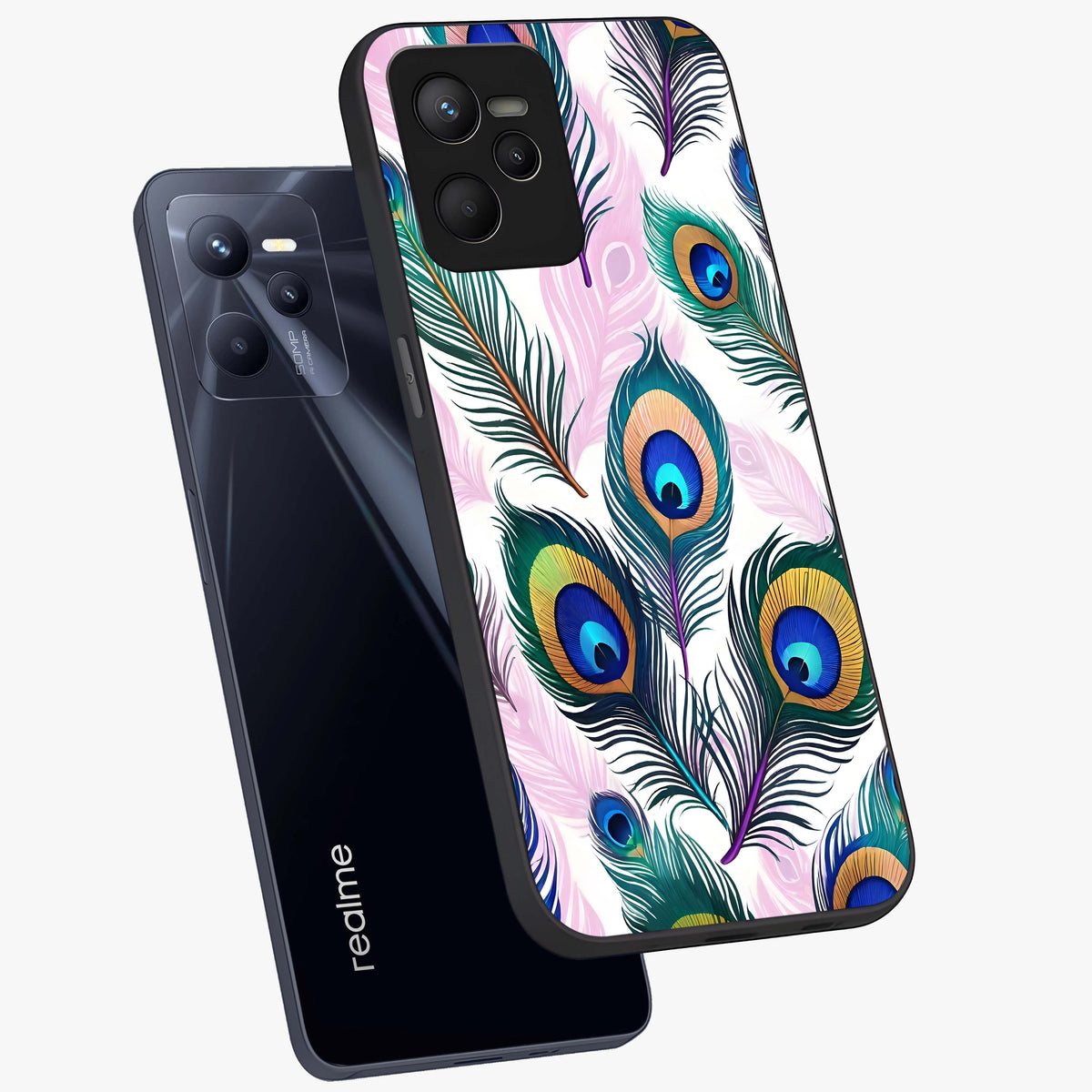 Royal Peacock Feathers Glass Case displayed in angled mockup highlighting vibrant feather pattern with regal aesthetic style.