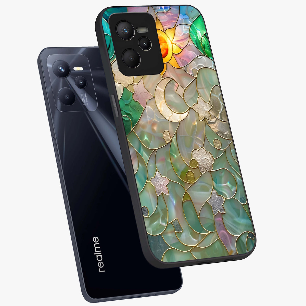 Stained Sunrise Glow Glass Case displayed in angled mockup highlighting radiant sunrise design with artistic aesthetic style.