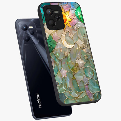 Stained Sunrise Glow Glass Case displayed in angled mockup highlighting radiant sunrise design with artistic aesthetic style.