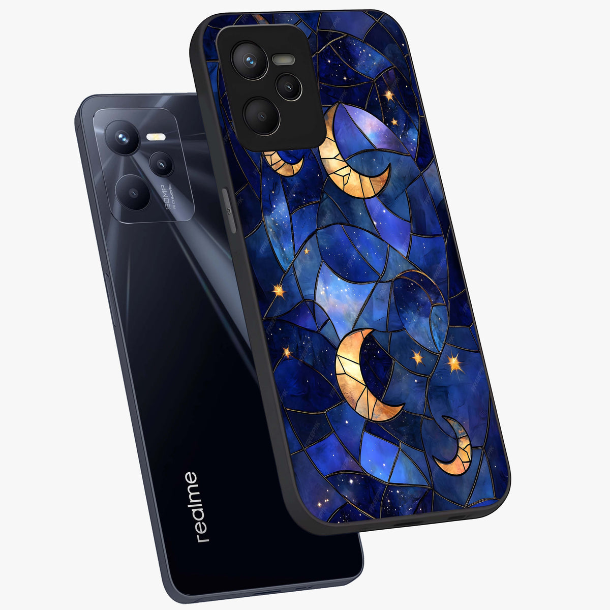Starlit Sky Tapestry Glass Case displayed in angled mockup highlighting celestial night pattern with artistic aesthetic style.