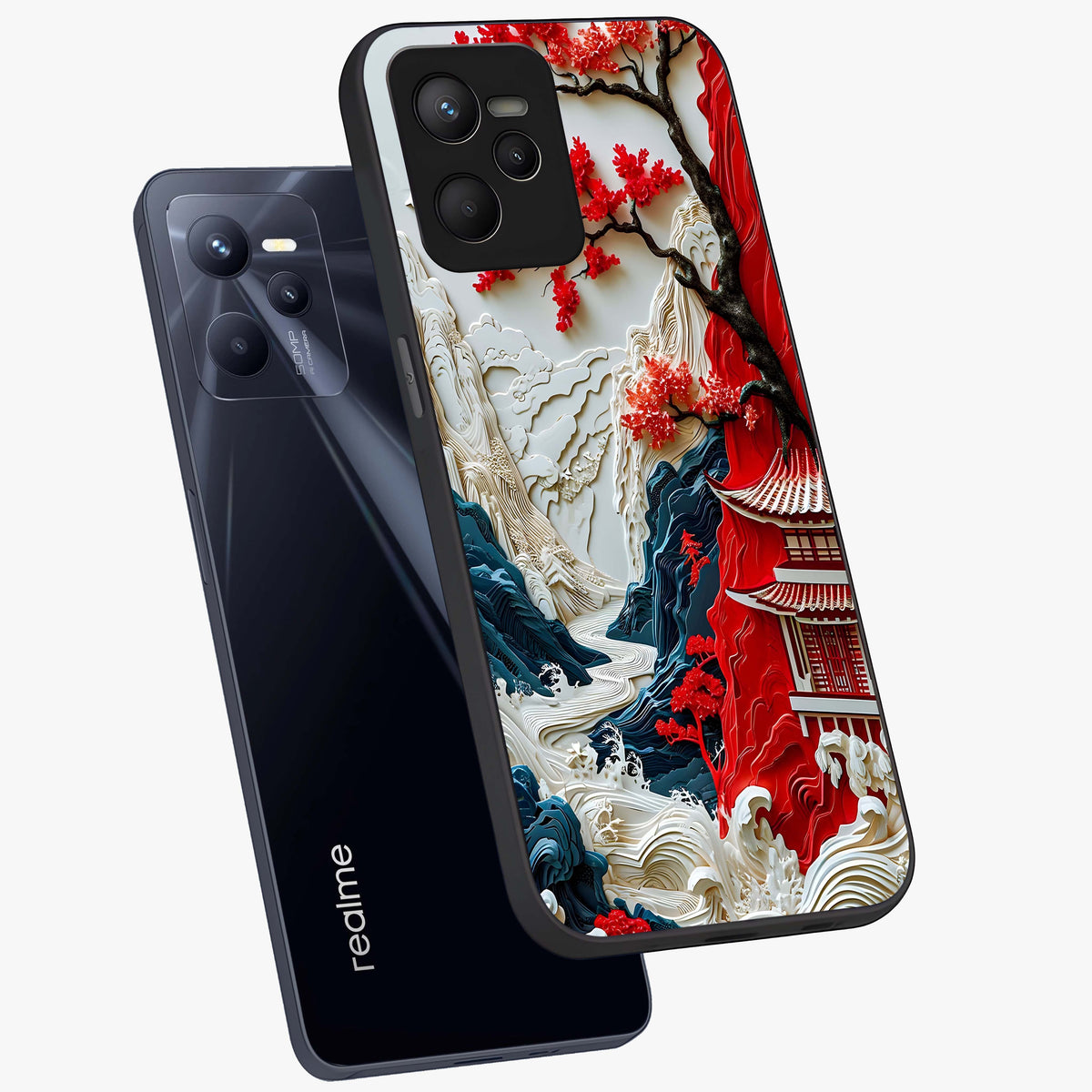 Whispers Of Sakura Waves Glass Case displayed in angled mockup highlighting flowing sakura design with soft floral aesthetic.
