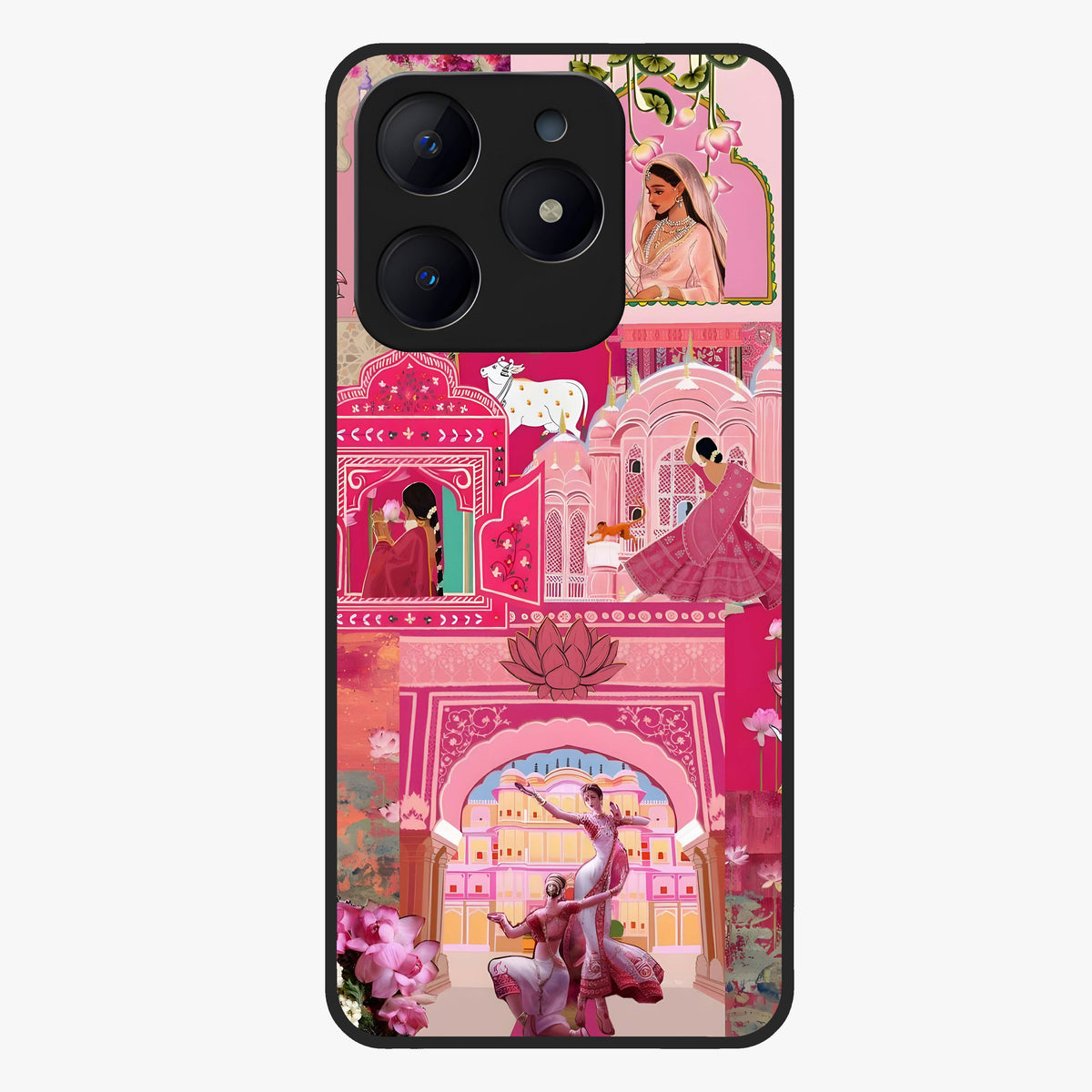 Blossoms of Rajasthan Glass Case showing flat back view with traditional floral artwork inspired by Rajasthan and glossy glass finish.