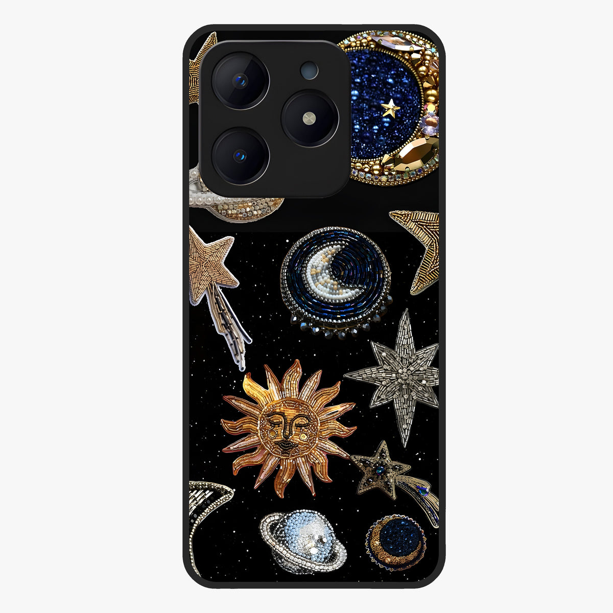 Celestial Gem Constellations Glass Case showing flat back view with sparkling constellation artwork and glossy glass finish.