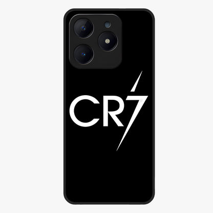 Cr7 Elite Strike Glass Case showing flat back view with dynamic football inspired artwork and glossy glass finish.