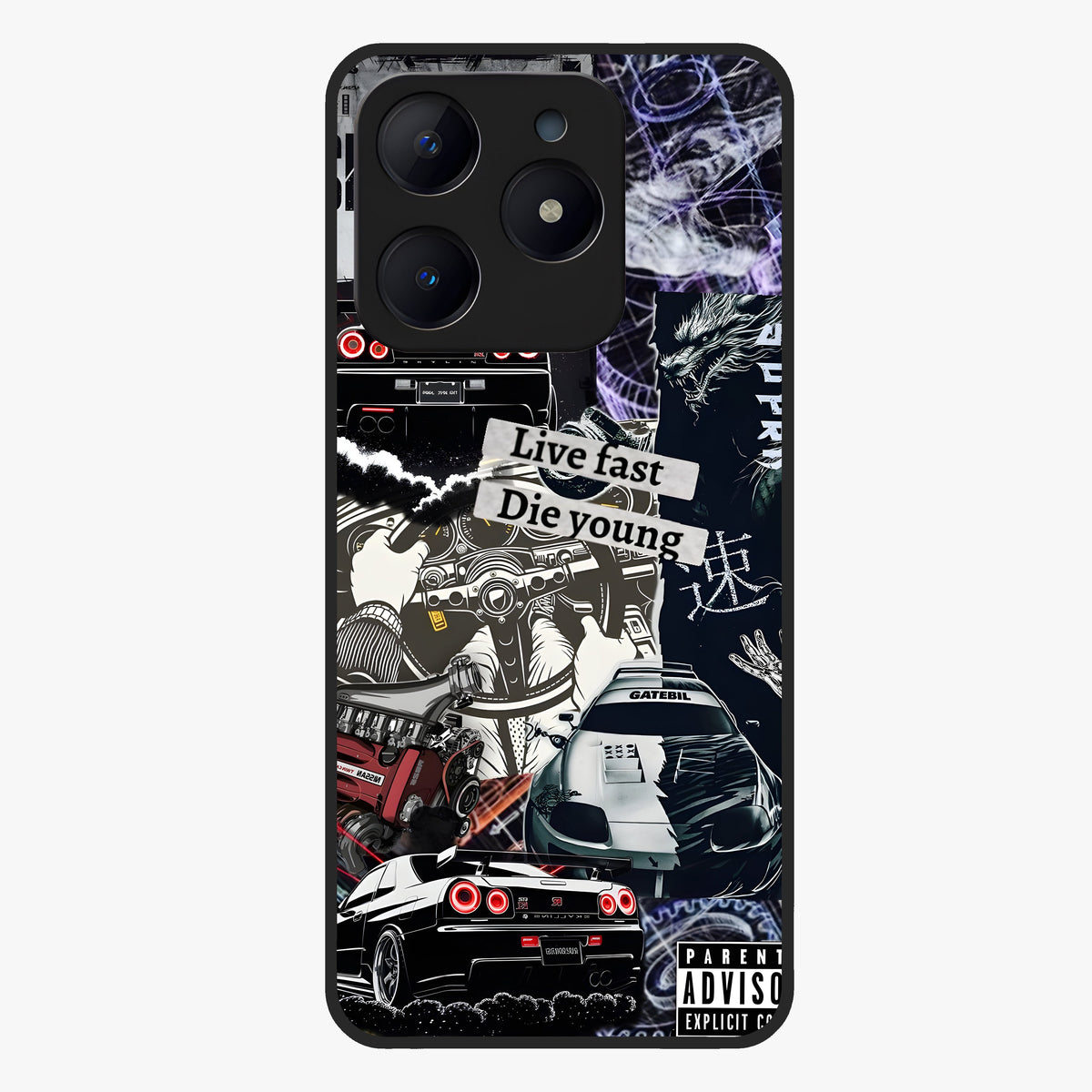 Die Young Glass Case showing flat back view with bold artistic typography design and glossy glass finish.