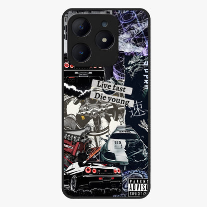 Die Young Glass Case showing flat back view with bold artistic typography design and glossy glass finish.