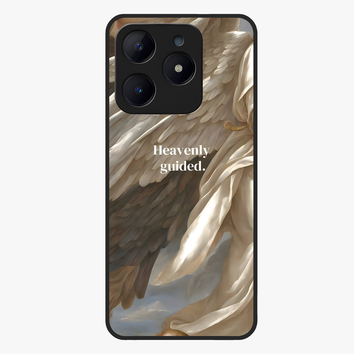 Divine Winged Grace Glass Case showing flat back view with elegant wing inspired artwork and glossy glass finish.
