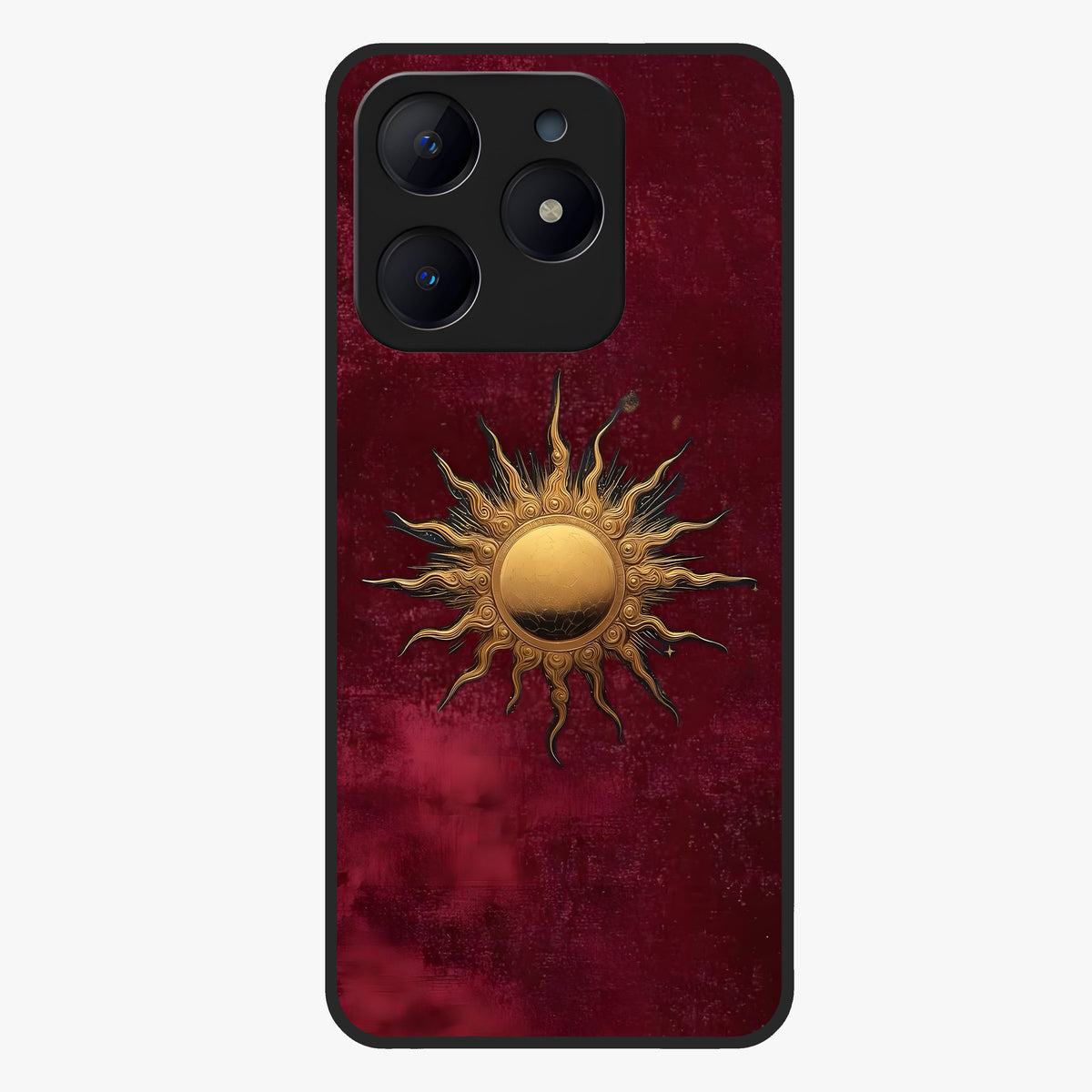Gold Sun Blush Glass Case showing flat back view with golden sun inspired artwork and glossy glass finish.