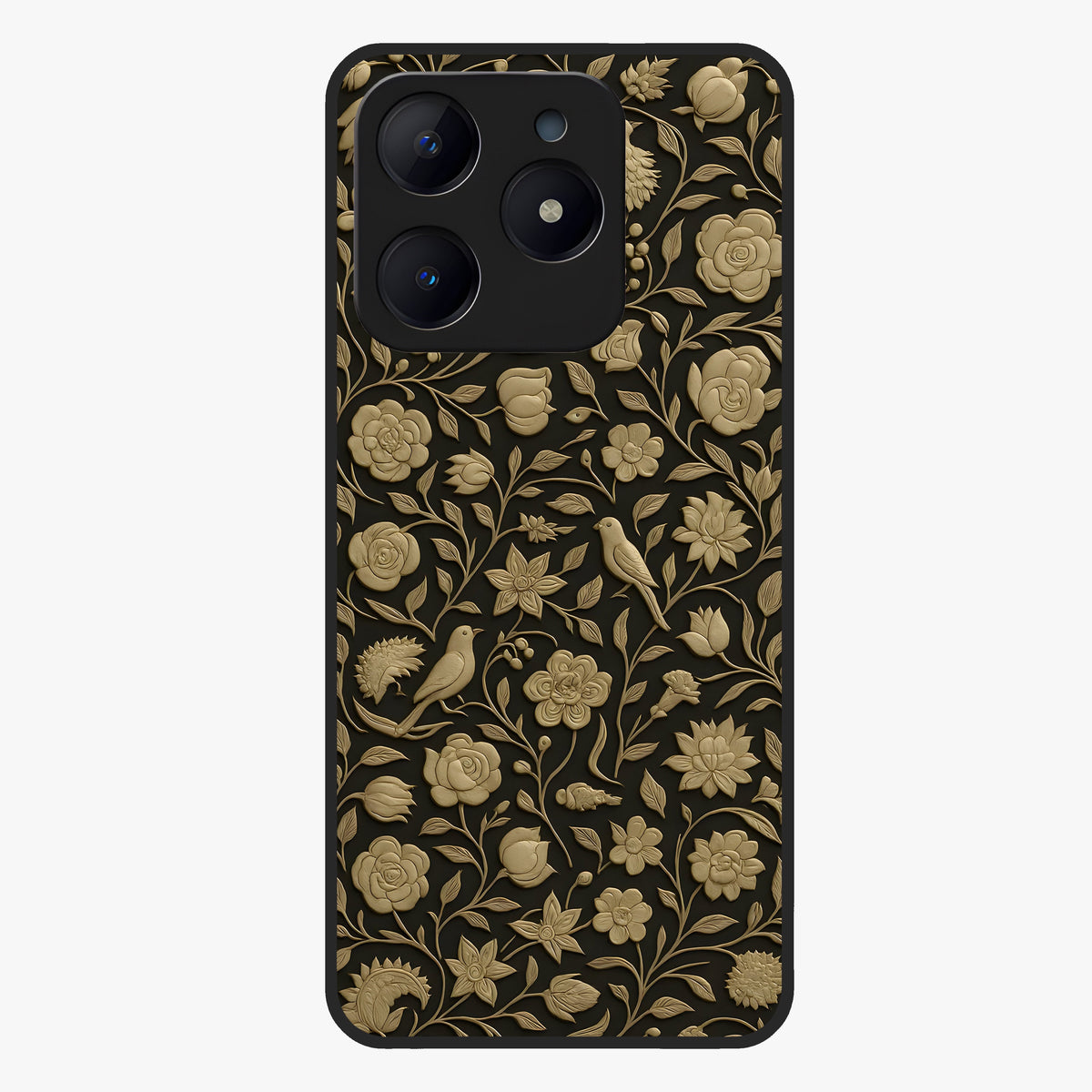 Golden Floral Majesty Glass Case showing flat back view with luxurious golden floral artwork and glossy glass finish.