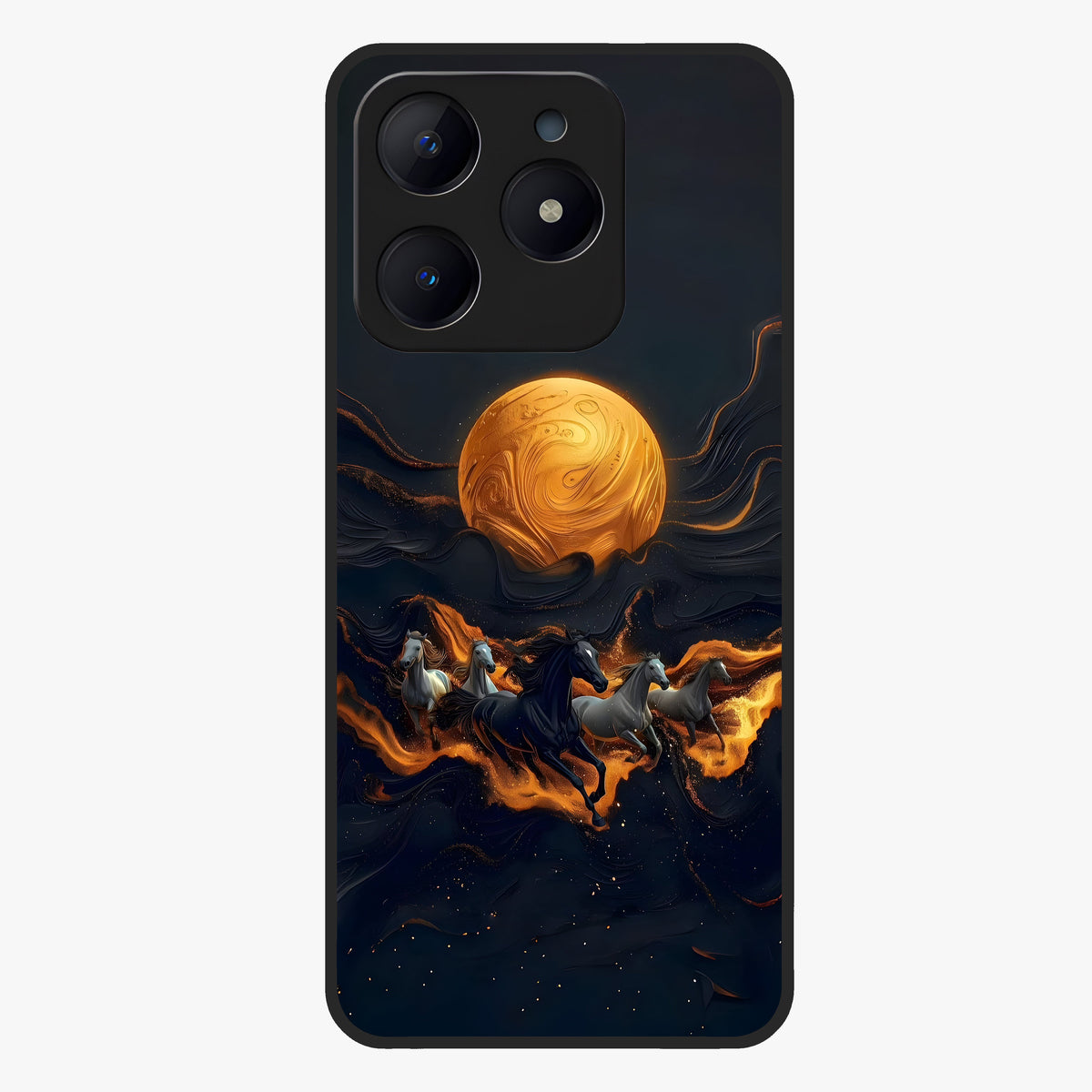 Golden Stallion Moonride Glass Case showing flat back view with majestic horse under moonlight artwork and glossy glass finish.