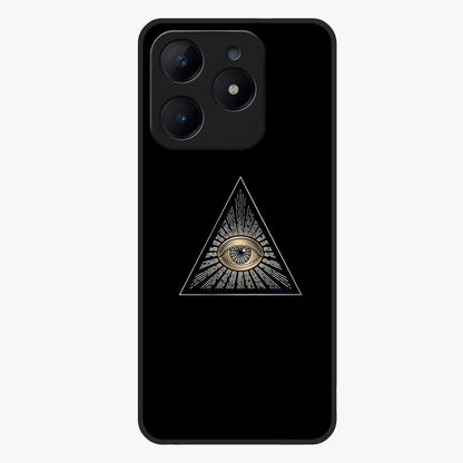 Illuminati Evil Glass Case showing flat back view with mysterious illuminati symbol artwork and glossy glass finish.