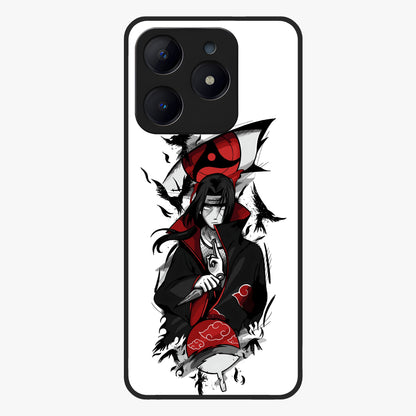 Itachi Sharingan Glass Case showing flat back view with powerful anime eye artwork and glossy glass finish.