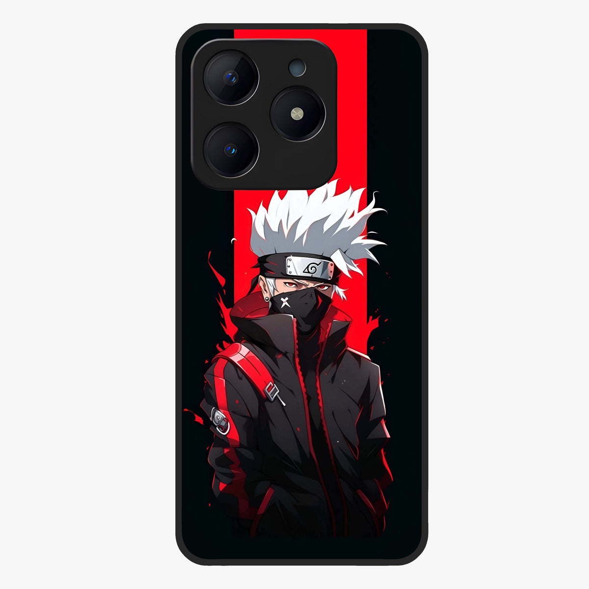Kakashi Scarlet Shadow Glass Case showing flat back view with powerful anime ninja artwork and glossy glass finish.