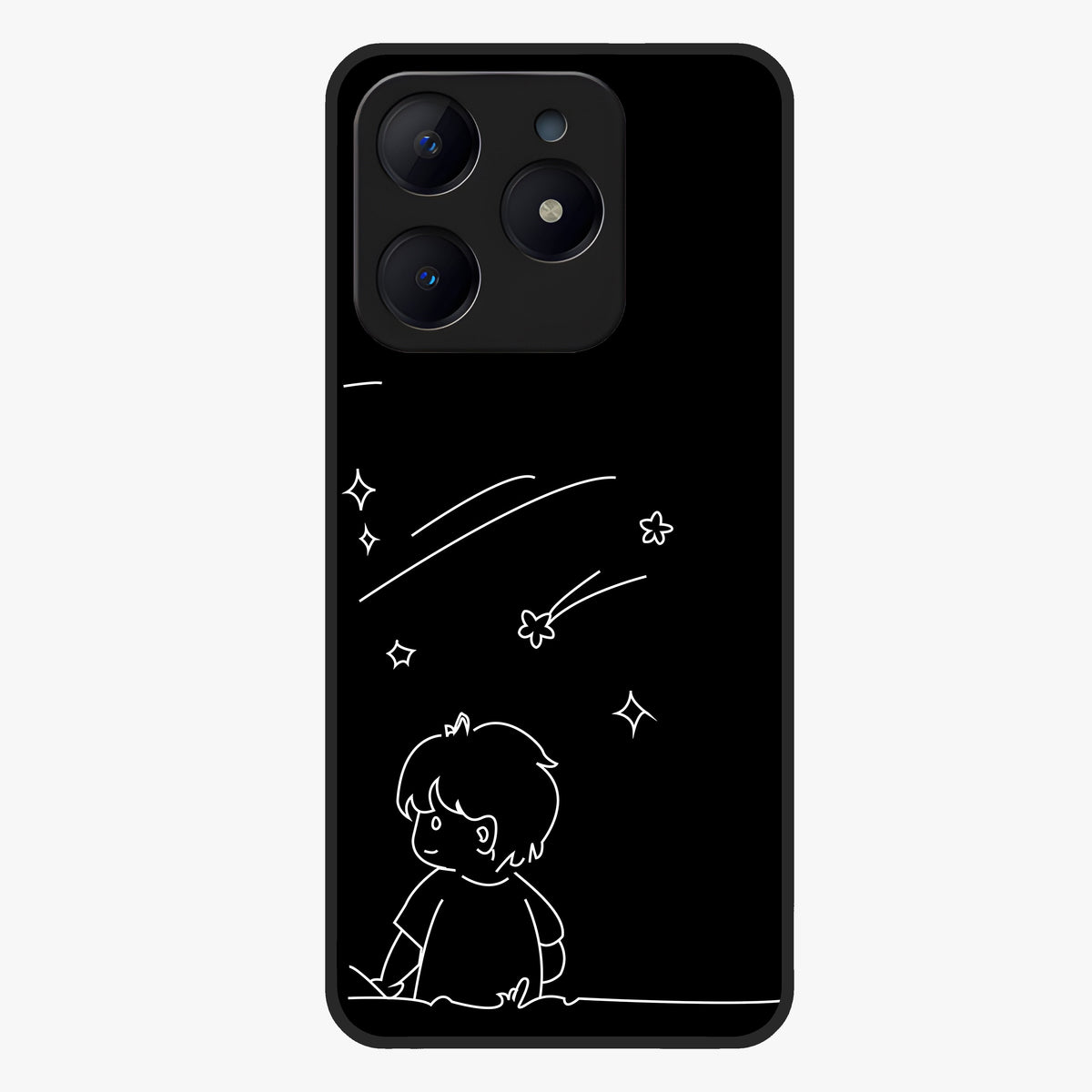 Line Art Boy With Shooting Stars Glass Case showing flat back view with minimal line art boy and shooting stars illustration and glossy glass finish.