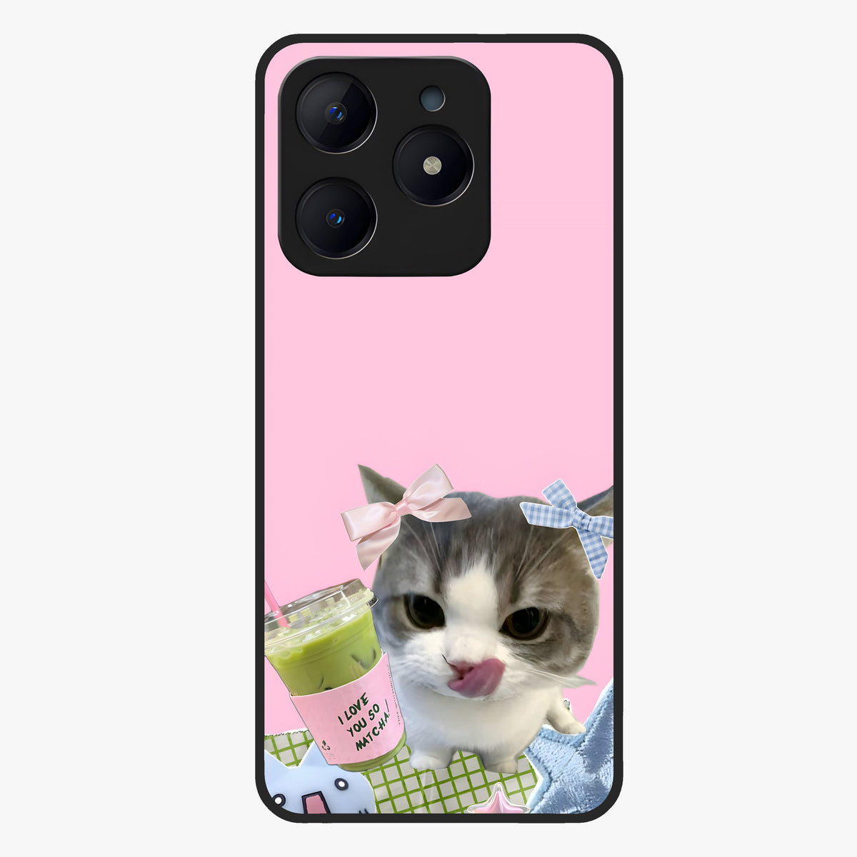 Love Matcha Cat Glass Case showing flat back view with cute cat and matcha themed artwork and glossy glass finish.