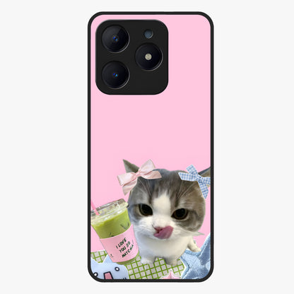 Love Matcha Cat Glass Case showing flat back view with cute cat and matcha themed artwork and glossy glass finish.