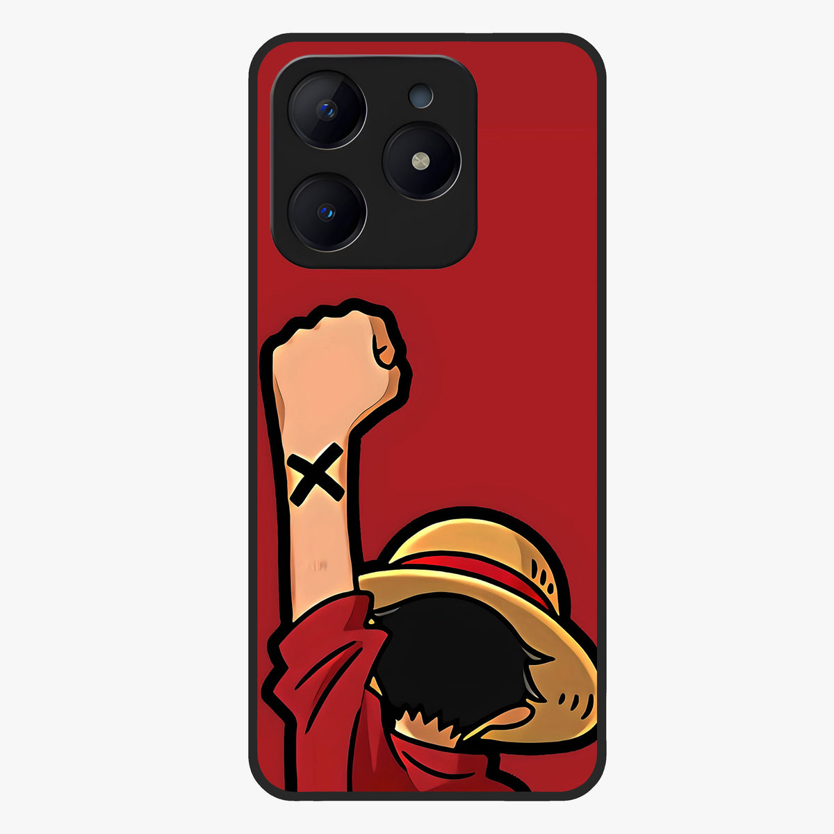 Luffy X Spirit Glass Case showing flat back view with bold anime character artwork and glossy glass finish.