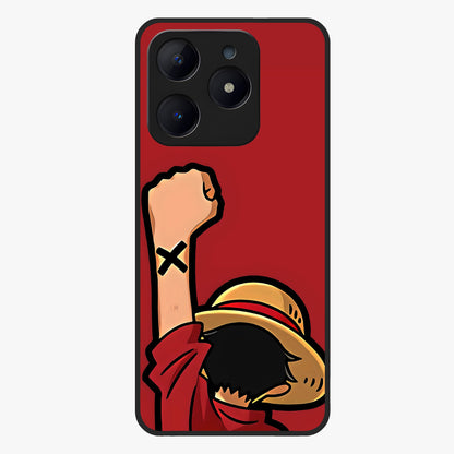 Luffy X Spirit Glass Case showing flat back view with bold anime character artwork and glossy glass finish.