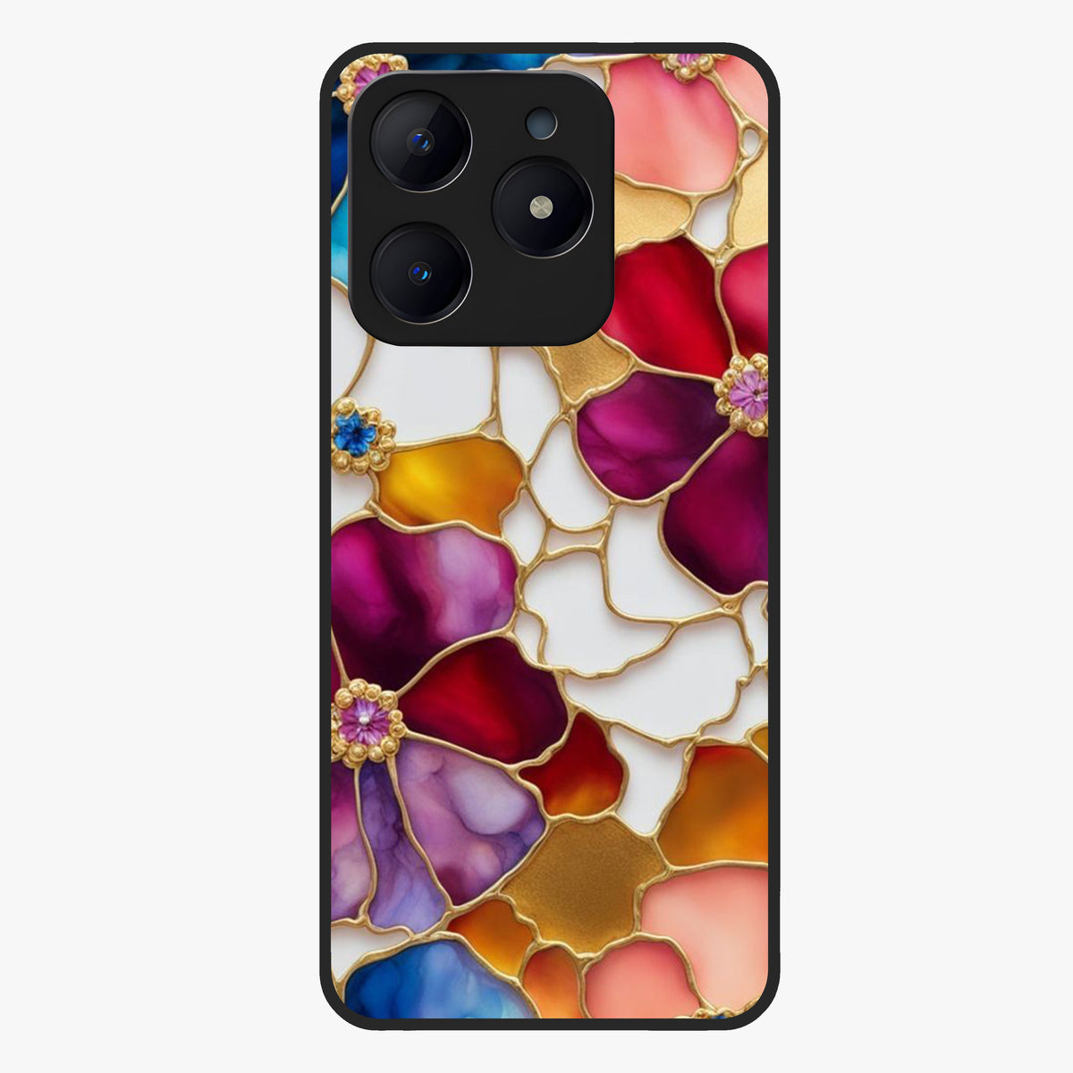 Marble Flower Pattern Glass Case showing flat back view with marble texture floral artwork and glossy glass finish.
