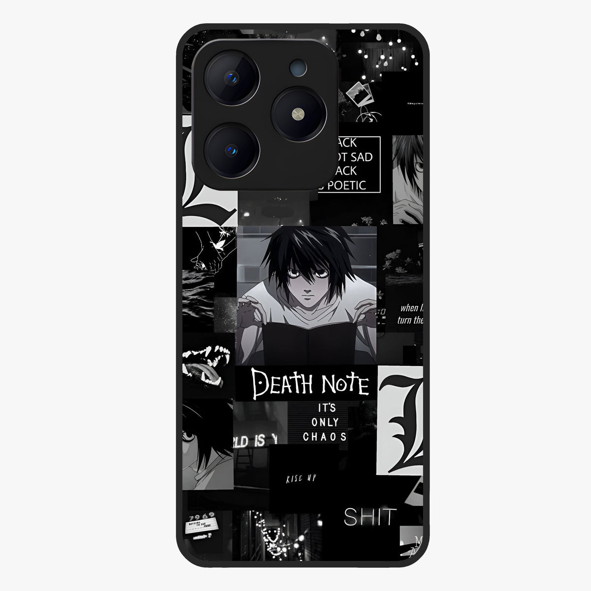 Midnight Chaos Mind Glass Case showing flat back view with abstract dark themed artwork and glossy glass finish.