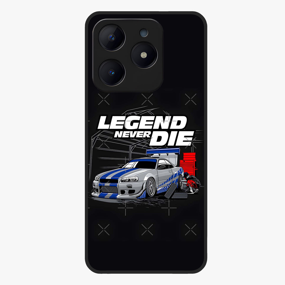 Midnight Racing Legacy Glass Case showing flat back view with sleek racing inspired artwork and glossy glass finish.