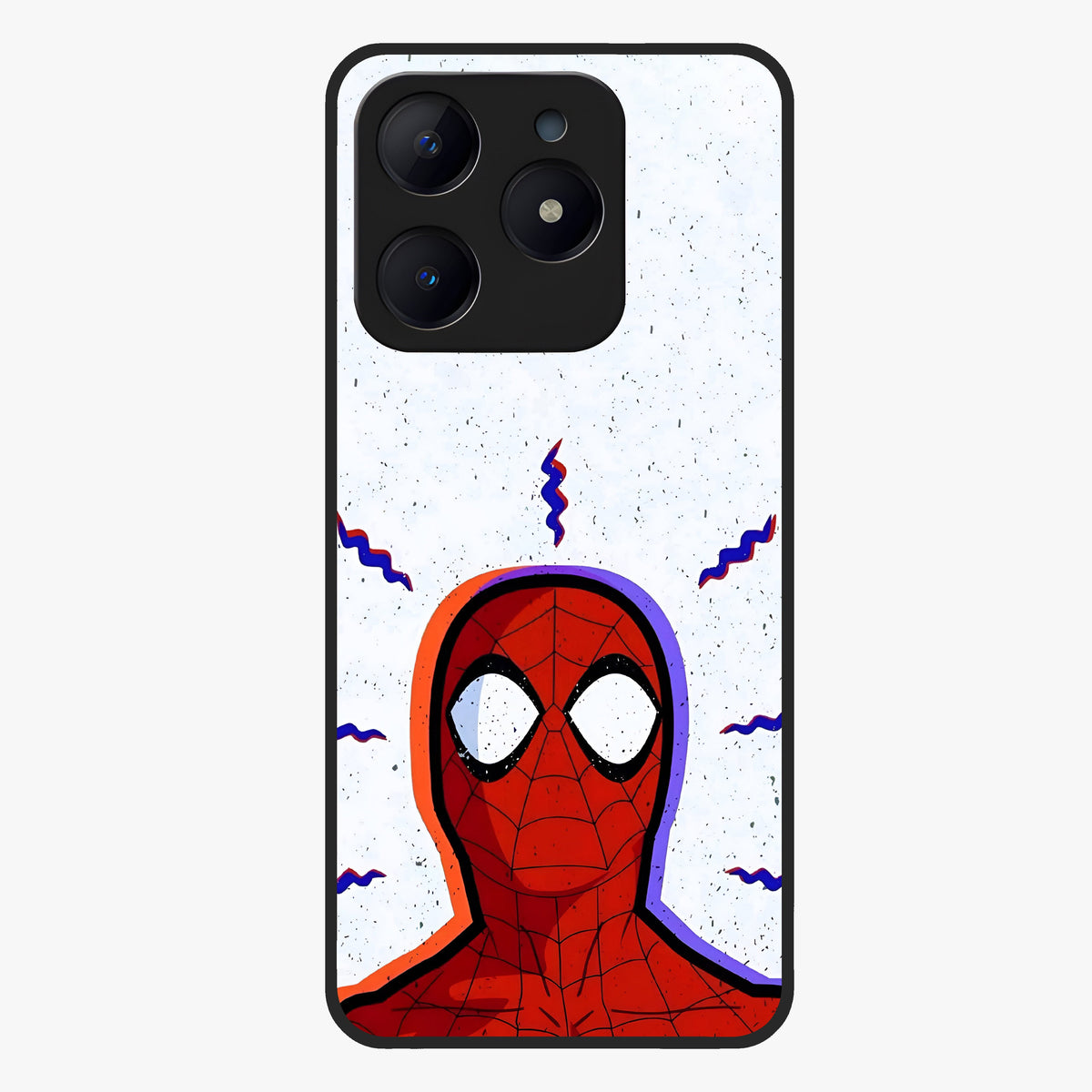 Omg Spiderman Glass Case showing flat back view with bold superhero inspired artwork and glossy glass finish.