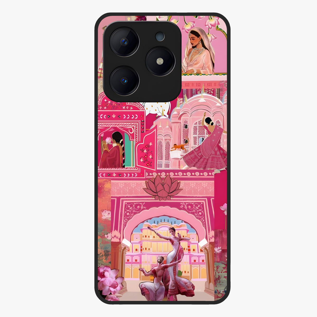 Pink Palace Muse Glass Case showing flat back view with elegant palace inspired artwork and glossy glass finish.