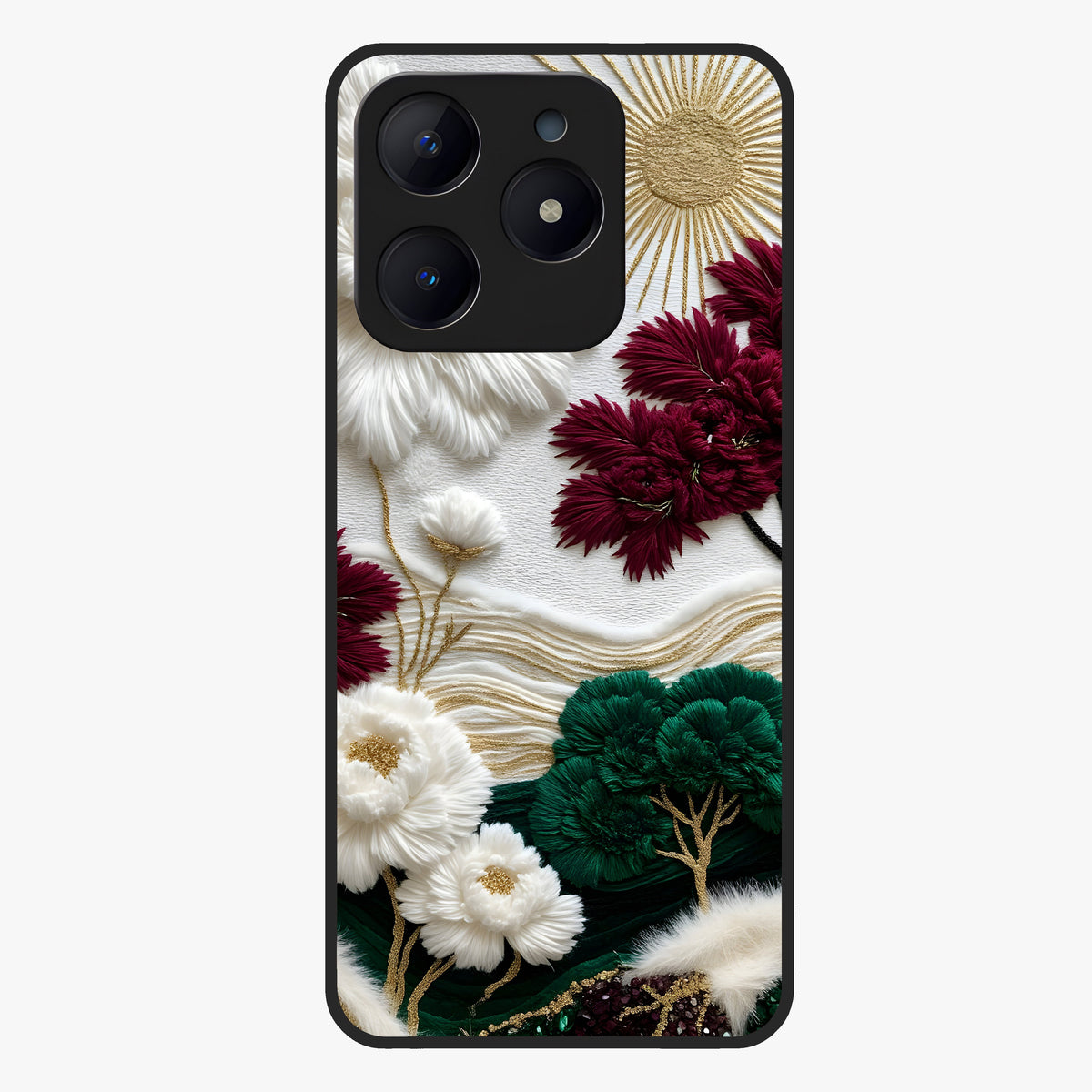 Radiant Bloom Elegance Glass Case showing flat back view with elegant blooming flower artwork and glossy glass finish.