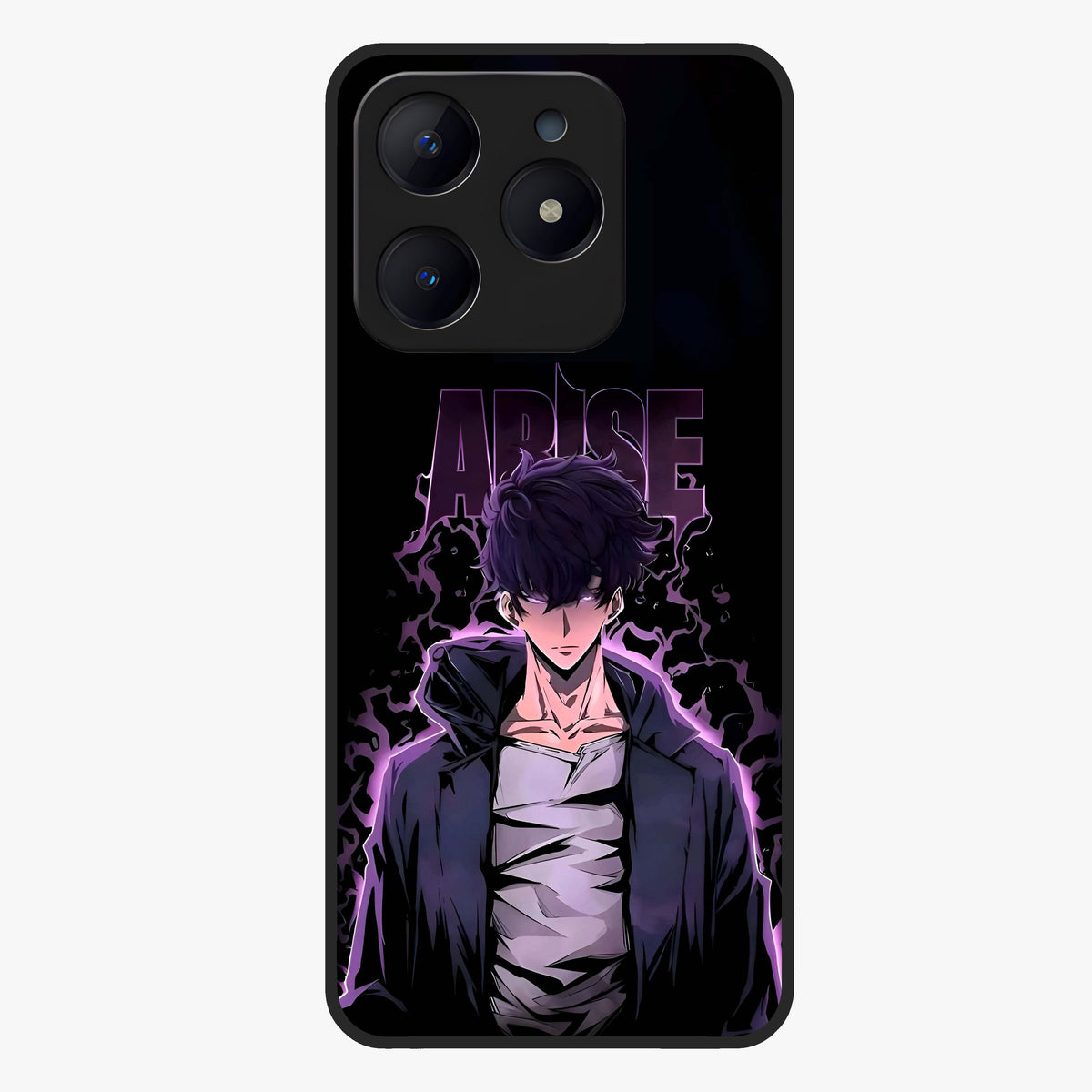 Shadow Monarch Awakening Glass Case showing flat back view with powerful dark monarch themed artwork and glossy glass finish.
