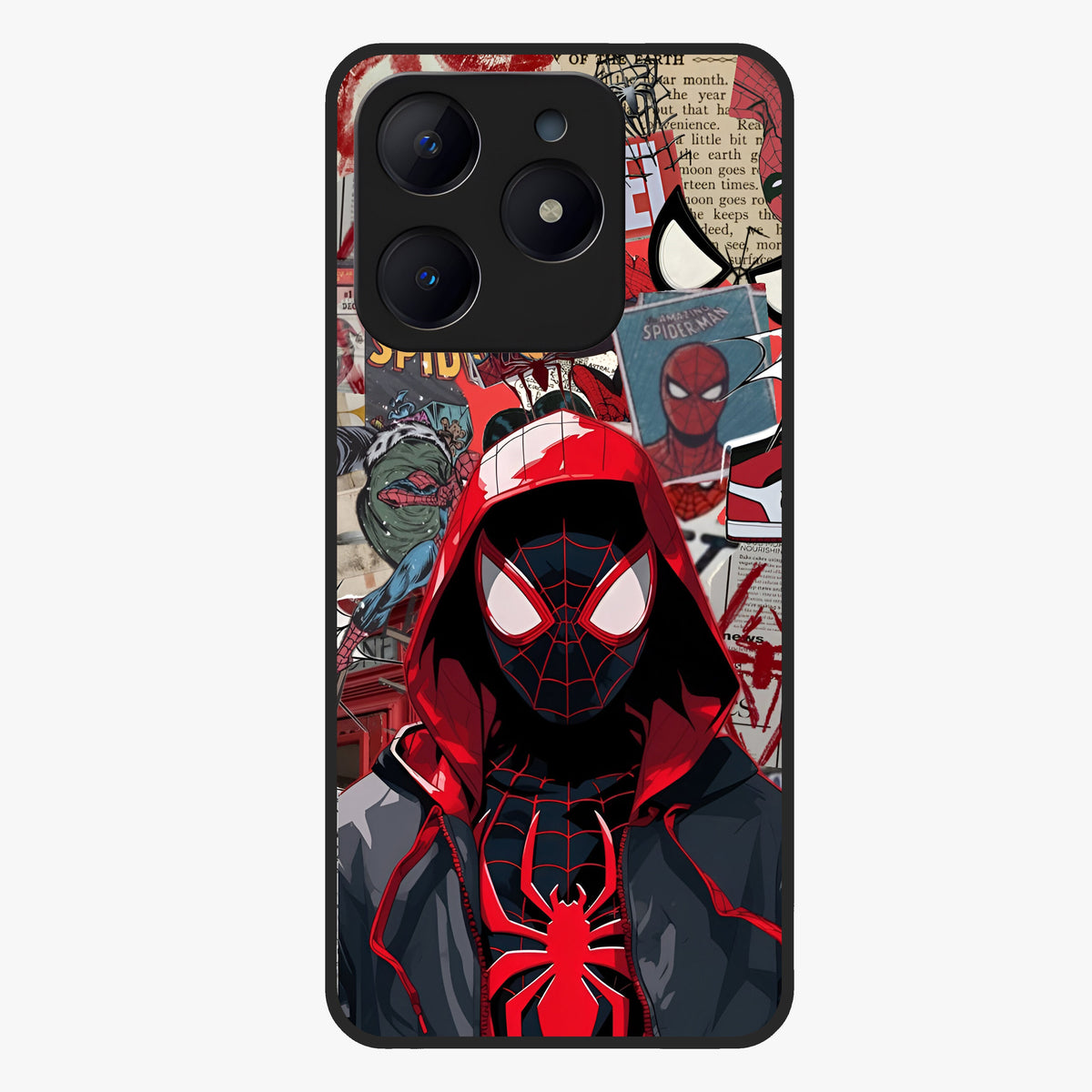 Spider Collage Street Glass Case showing flat back view with vibrant superhero collage artwork and glossy glass finish.