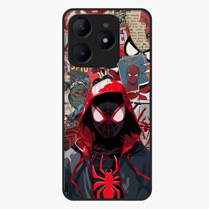Spider Collage Street Glass Case showing flat back view with vibrant superhero collage artwork and glossy glass finish.