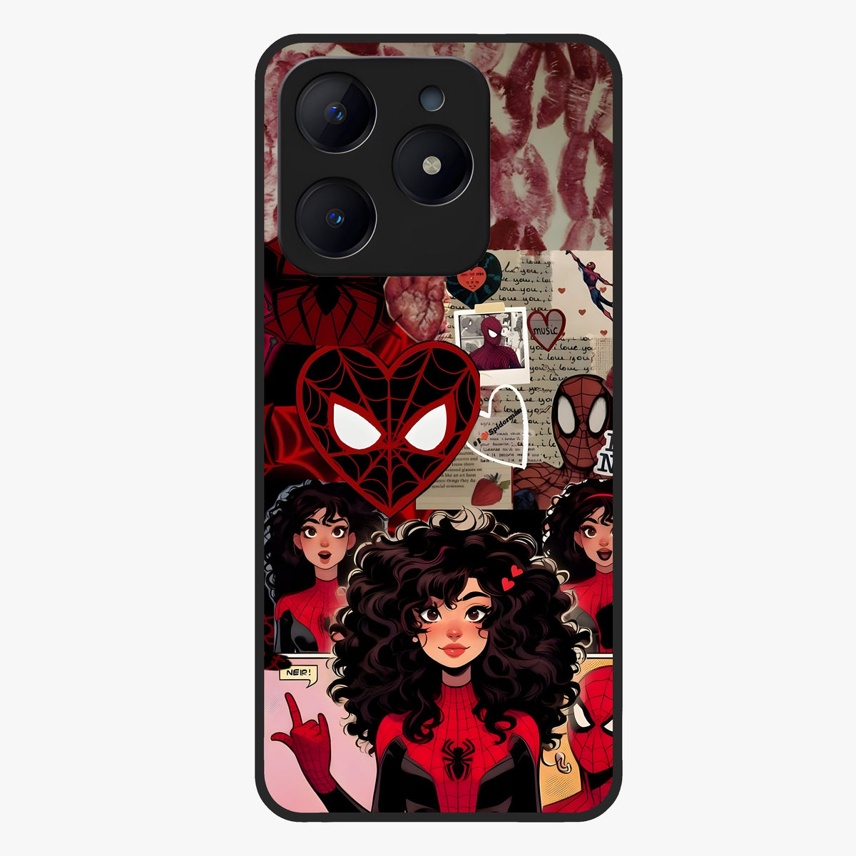Spider Love Story Glass Case showing flat back view with romantic superhero themed artwork and glossy glass finish.